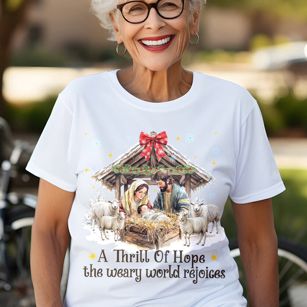 Teesdily | Nativity Scene Christmas Coquette Jesus Shirt, A Thrill Of Hope Sweatshirt, Christmas Nativity Hoodie Mug Religious Gift