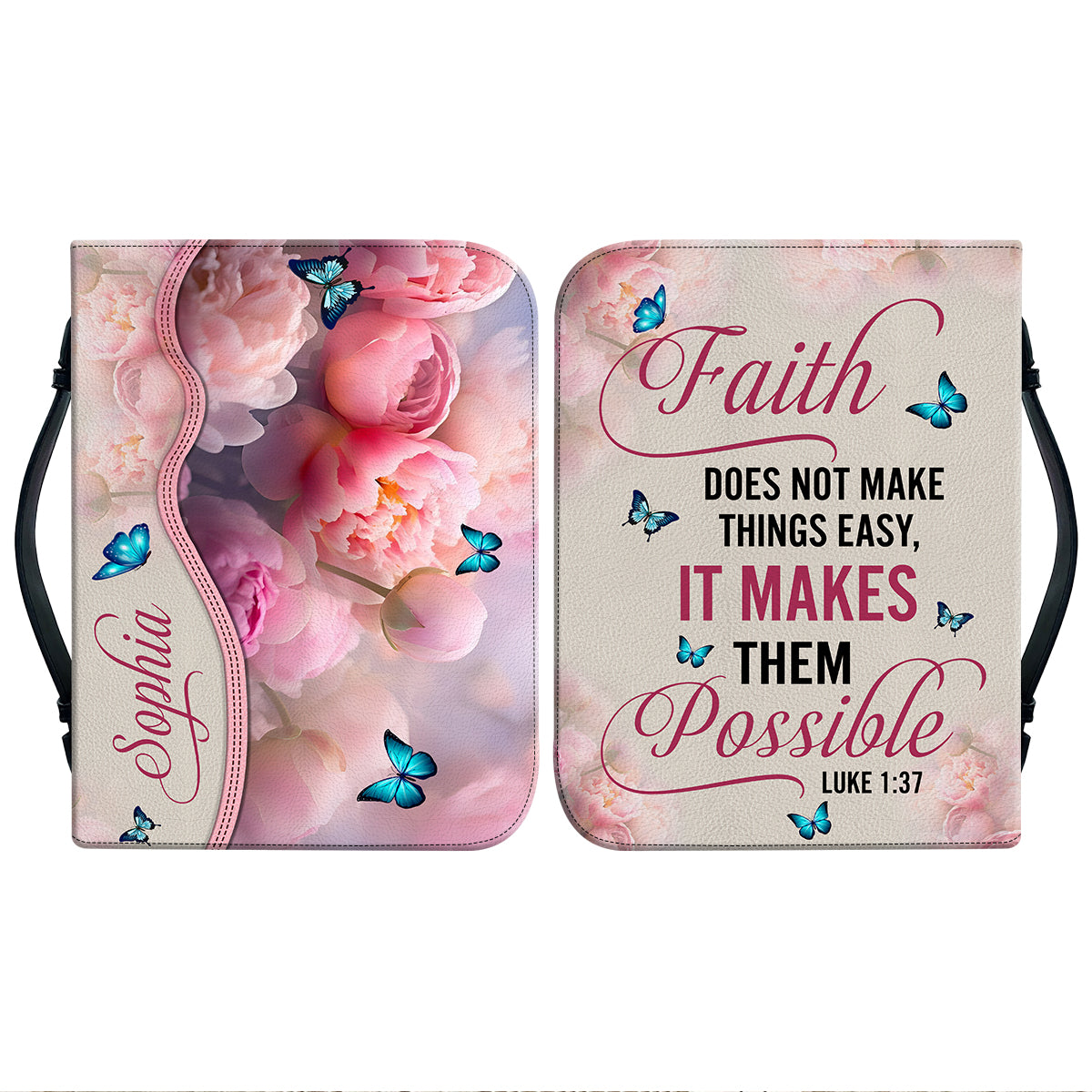 Teesdily | God Bible Verse Custom Bible Cover Peony Butterfly Bible Holder Faith Does Not Make Things Easy It Makes Theme Possible Christian Gift