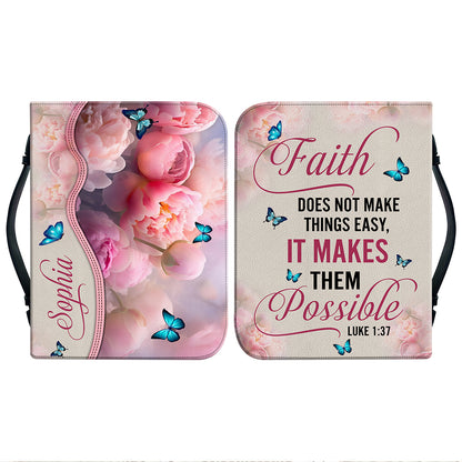 Teesdily | God Bible Verse Custom Bible Cover Peony Butterfly Bible Holder Faith Does Not Make Things Easy It Makes Theme Possible Christian Gift