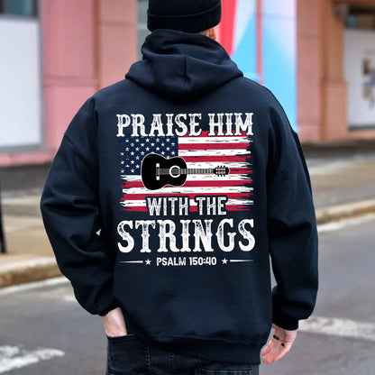 Teesdily | Guitar Usa Flag Shirt, Praise Hime With The Strings Casual Hoodie Sweatshirt Mug, Independence Day Backside Shirt, Guitar Player Gifts