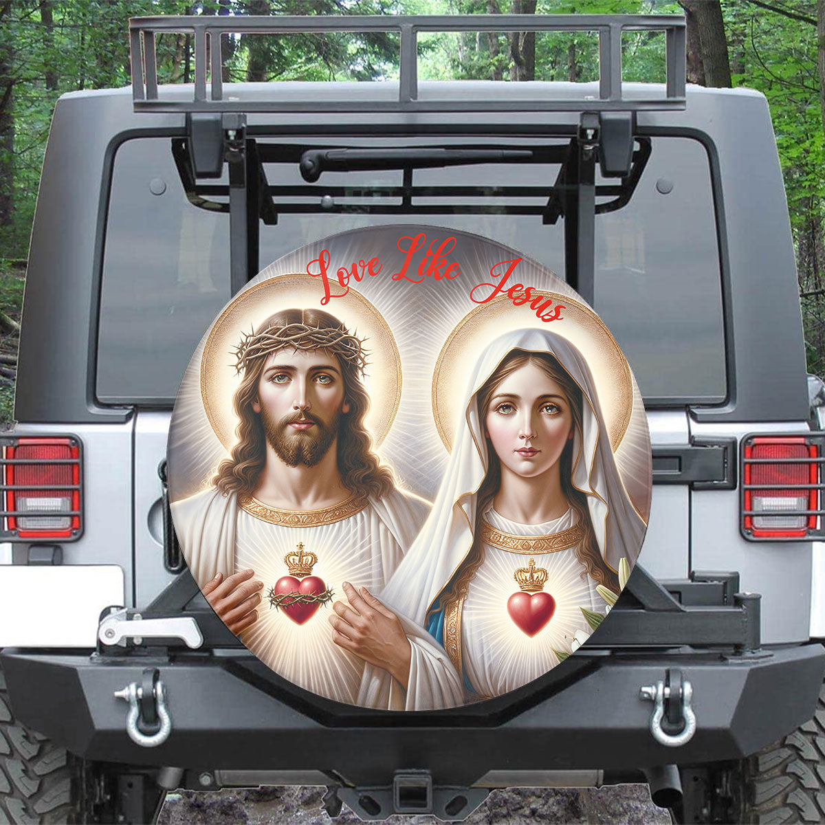 Teesdily | Jesus Mary Sacred Heart Spare Tire Cover, Love Like Jesus Tire Wheel Cover, Christian Car Accessories, Jesus Christ Durable Tire Protector