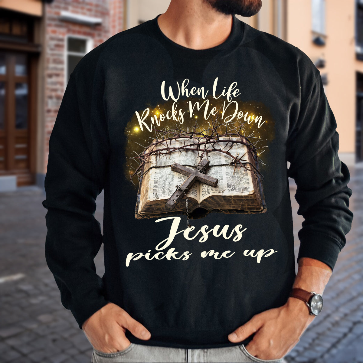 Teesdily | Jesus Cross Bible Book Shirt, When Life Knocks Me Down Jesus Picks Me Up, God Gift, Unisex Tshirt Hoodie Sweatshirt Mug