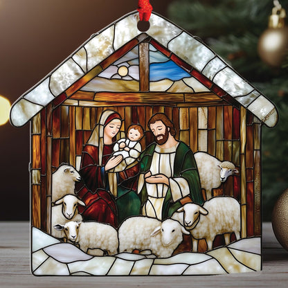 Teesdily | Nativity Scene Acrylic Ornament , Nativity Jesus Snowy House Christmas Ornament, Religious Jesus Lover Gift