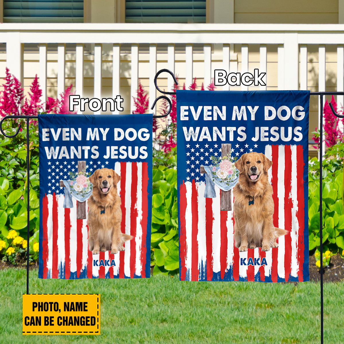 Teesdily | Customized Golden Retriever American Flag Home, Even My Dog Wants Jesus Garden Flag, Patriot 4th Of July House Flag Decor, Dog Lover Gift