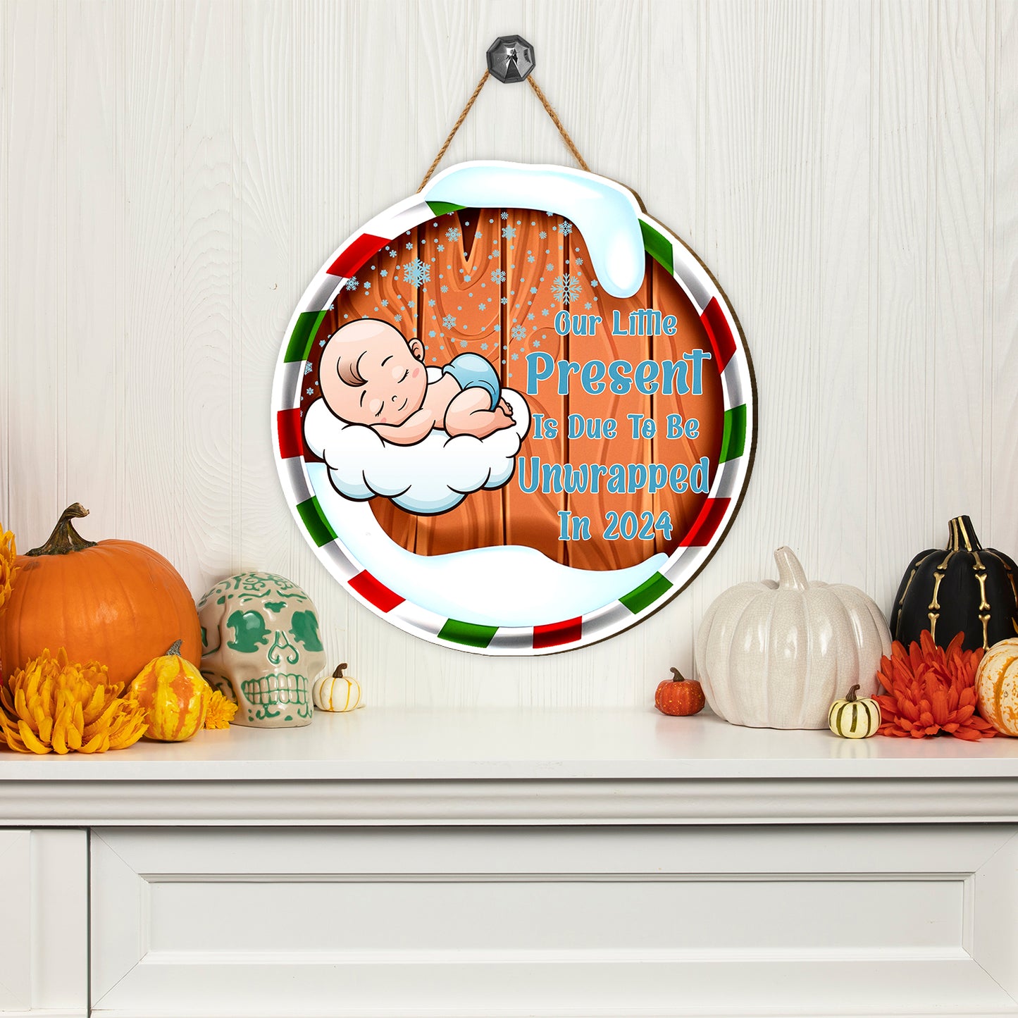 Teesdily | Christmas Round Hanging Sign, Our Little Present Is Due To Be Unwrapped In 2024 Sign, Pregnancy Christmas Door Decor, New Parents Gift Idea