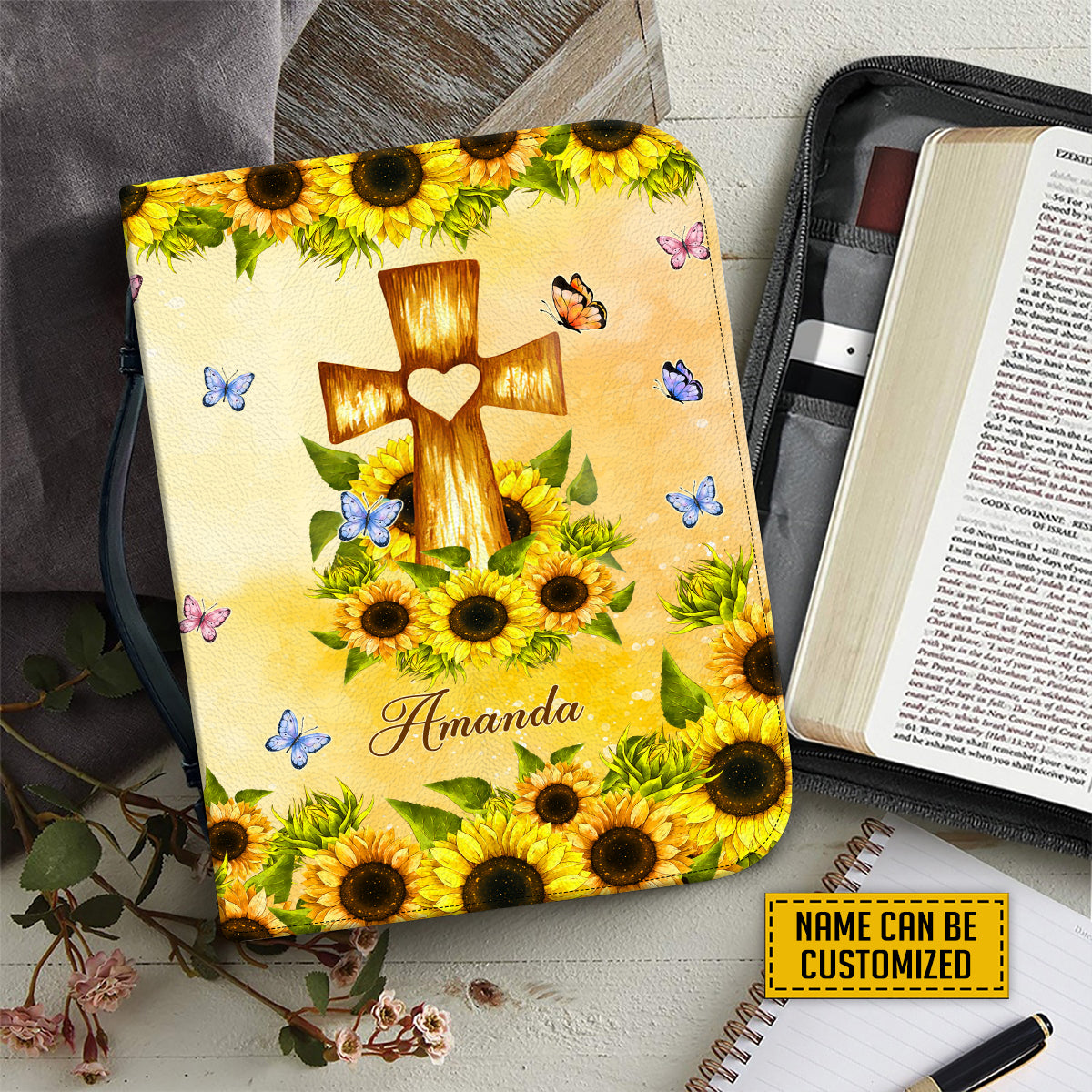 Teesdily | Customized Jesus Cross Sunflower Bible Bags, God Verse Bible Holder, Every Day God Thinks Of You Bible Cover With Handle, Daughter Gifts