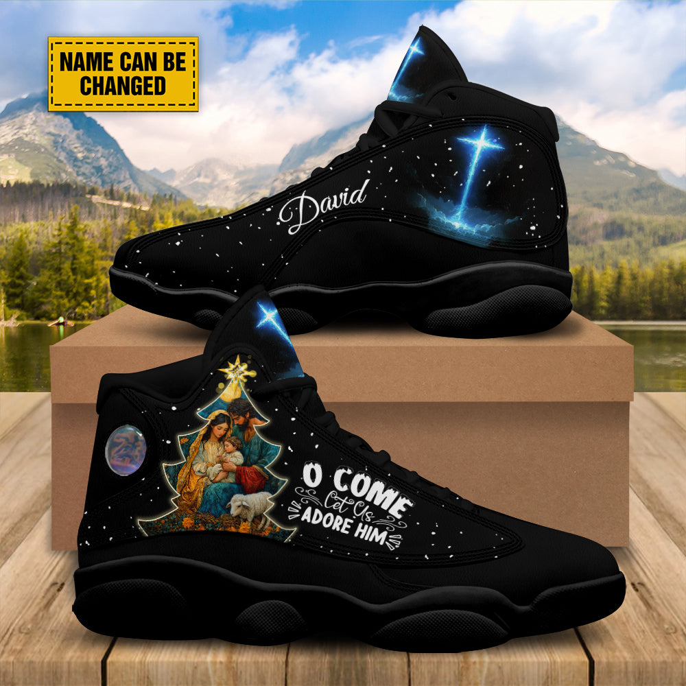 Teesdily | Customized Nativity Of Jesus Basketball Shoes, O Come Let Us Adore Him Holy Night Running Shoes, Faith Christmas Gift