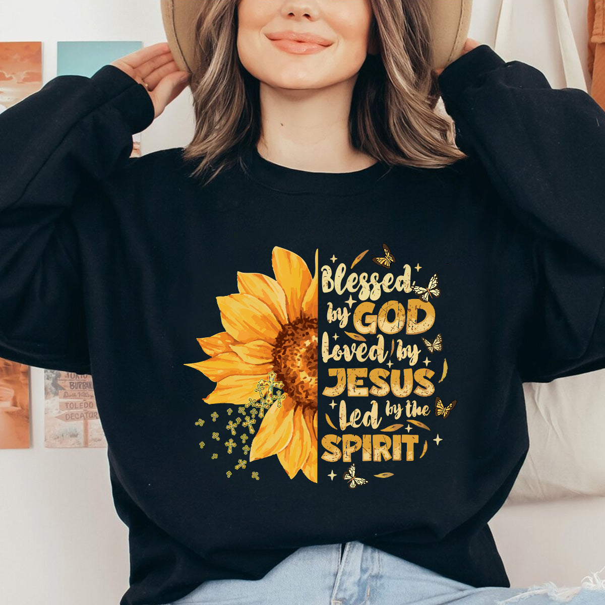 Teesdily | Jesus Christ Sunflower Tshirt, Blessed By God Loved By Jesus Sweatshirt Hoodie Mug, Jesus Cross Butterfly Shirt, Christian Girl Gifts