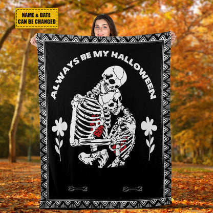 Teesdily | Skeleton Couple Custom Name Blanket Skeleton Halloween Throw Blankets Customized Commemorate Date Blanket Spooky Skull Decor Custom Gifts