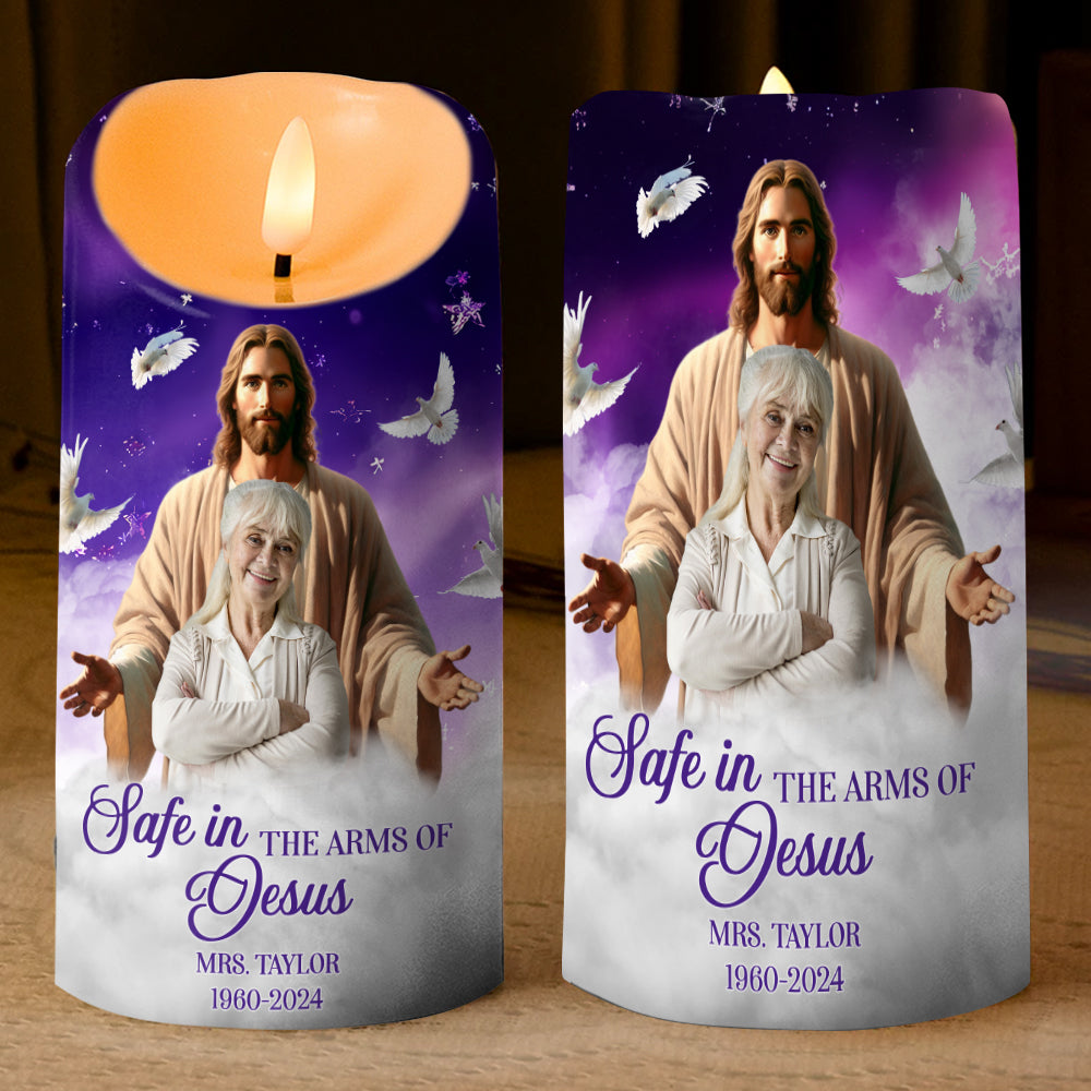 Teesdily | Customized Memorial Jesus Christ Led Candle, Safe In The Arms Of Jesus Flameless Candle Christmas Gift, Keepsake Gift