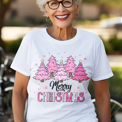 Teesdily | Merry Christmas Shirt, Pink Christmas Tree Sweatshirt, Christmas Vibes Sweater, Holiday Season Hoodie Mug Gift Mom