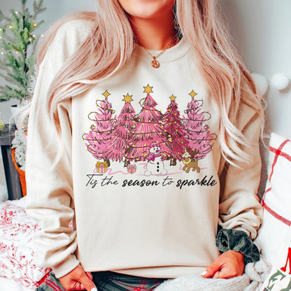 Teesdily | Pink Christmas Tree Snowman Christmas Shirt, Tis The Season To Sparkle Tee Sweatshirt Hoodie Mug, Christmas Gift