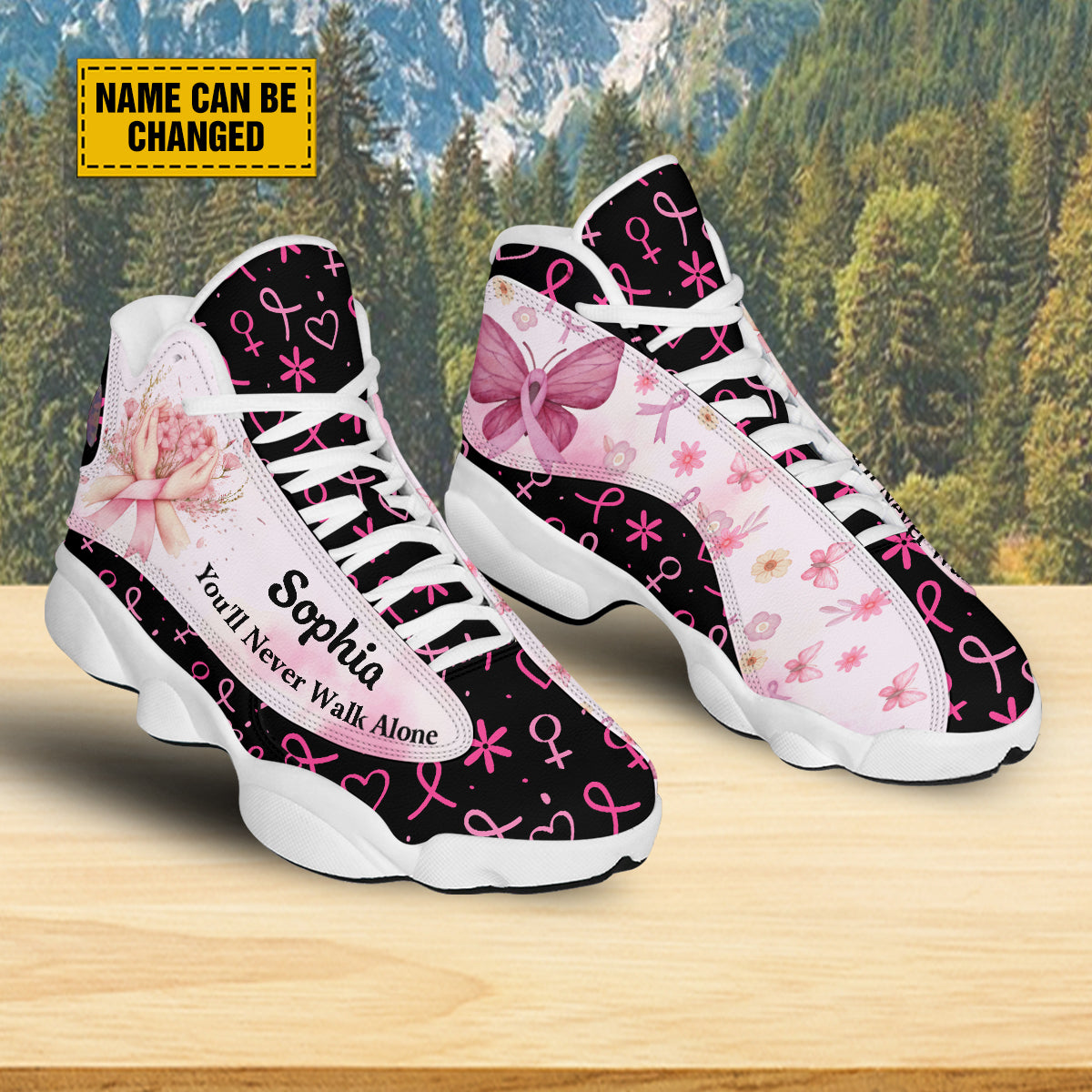 Teesdily | Customized You'll Never Walk Alone Basketball Shoes, Pink Ribbon Breast Cancer Awareness Month Shoes, Support Cancer Fighter Gifts