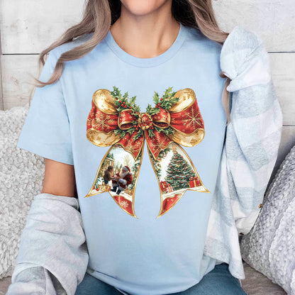 Teesdily | Coquette Bow Christmas Shirt, Merry Christmas Red Coquette Sweatshirt, Santa Claus And Children Hoodie Mug Xmas Gift