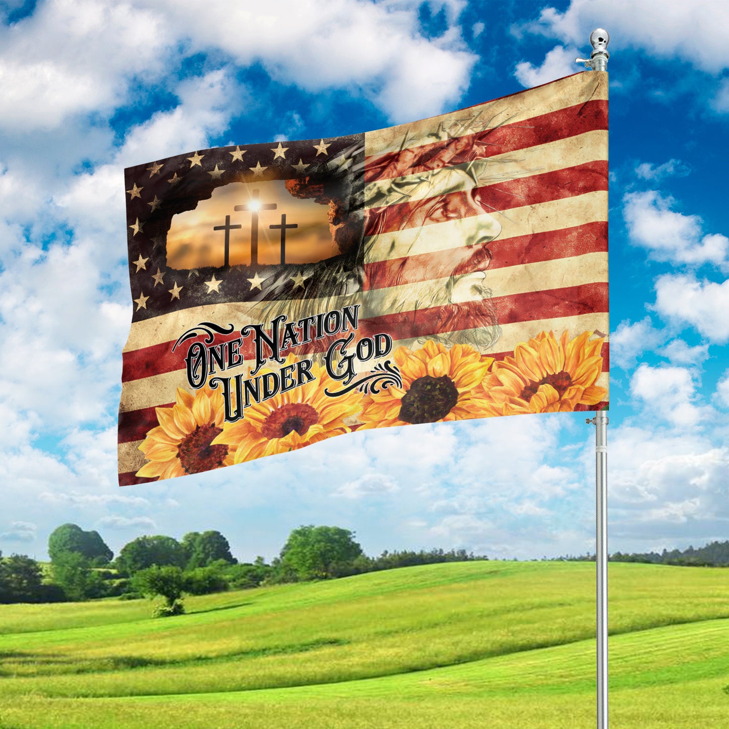 Teesdily | One Nation Under God Garden Flag, Christian Jesus American Flag Yard Home Banner, Christ Cross Sunflower House Flag, Jesus Lover Gift