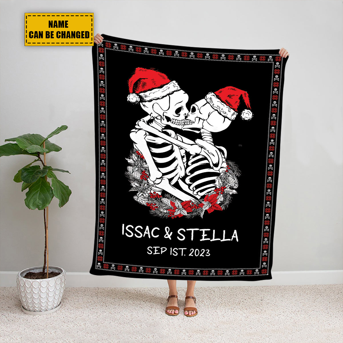 Teesdily | Personalized Skeleton Couple Name Christmas Fleece Throw Blanket Funny Skull Couple Kissing Sherpa Blanket Goth Couple Christmas Gifts