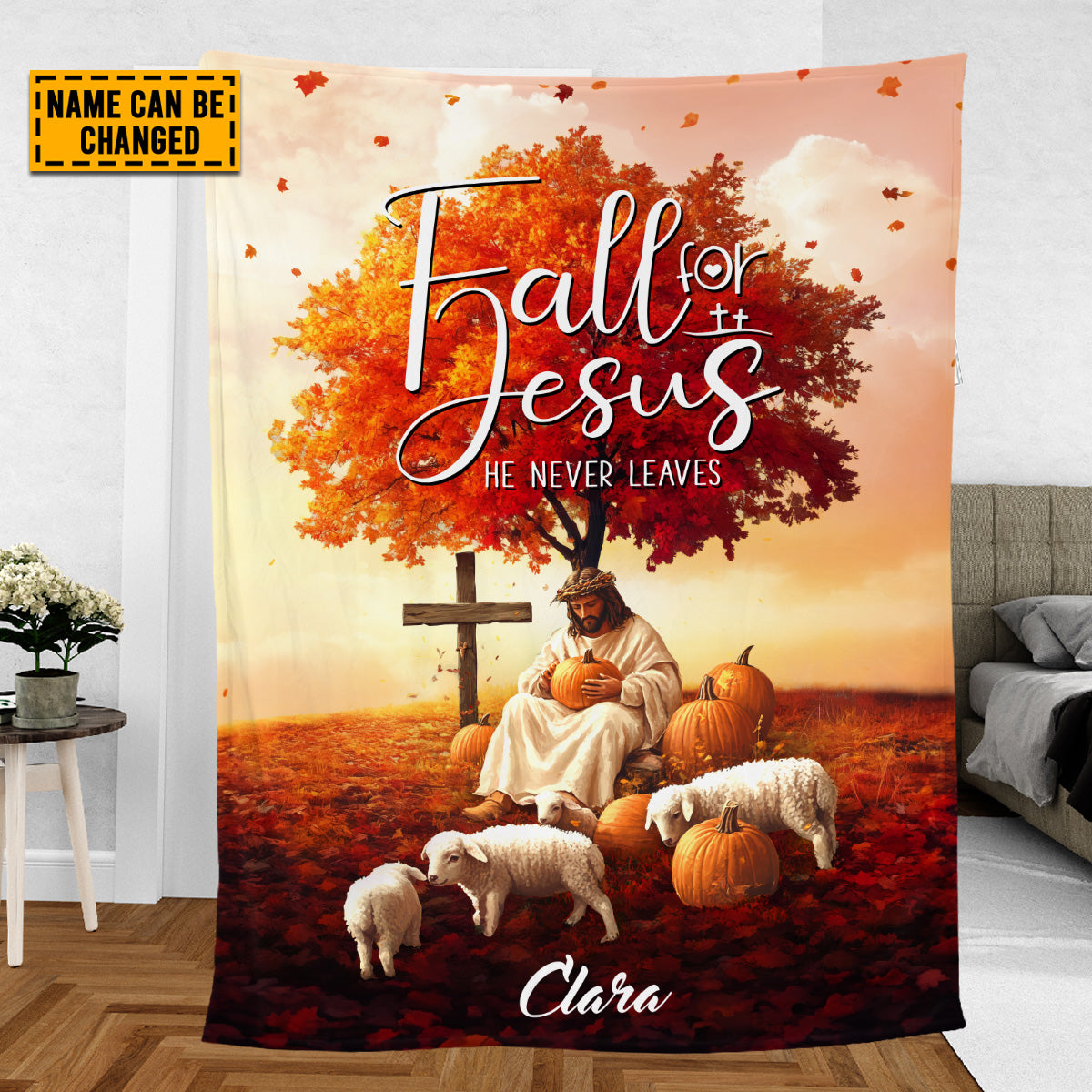 Teesdily | Customized Jesus Lamb Pumpkin Thanksgiving Blanket, Fall For Jesus He Never Leaves Throw Blanket, Jesus Lovers Gifts