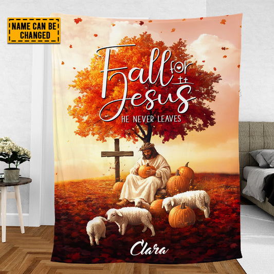 Teesdily | Customized Jesus Lamb Pumpkin Thanksgiving Blanket, Fall For Jesus He Never Leaves Throw Blanket, Jesus Lovers Gifts