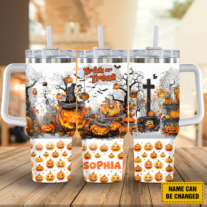 Teesdily | Customized Halloween Pumpkin Trick Or Treat Tumbler 40oz, Pumpkin Witch Spooky Tumbler Mug, Fall Pumpkin Travel Mug Halloween Holiday Gift