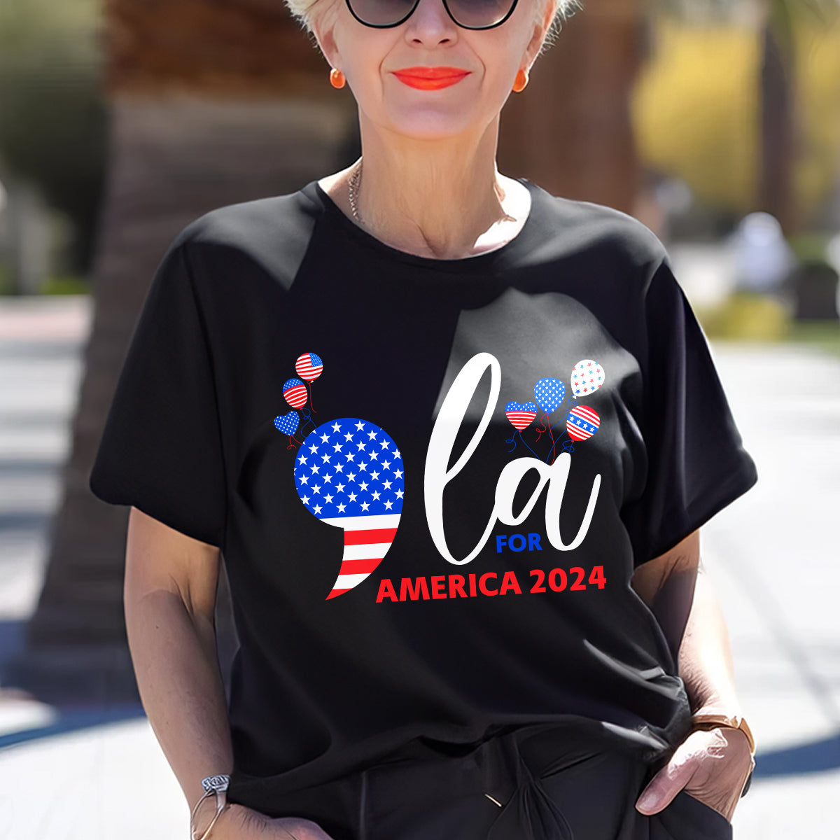 Teesdily | Comma La Shirt, Comma La For America T-shirt, 2024 American Flag Balloon Sweatshirt Hoodie Mug, Girl Power Patriot Gift