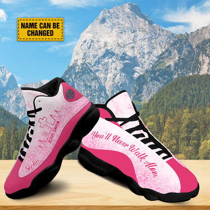 Teesdily | Breast Cancer Warrior Personalized Basketball Shoes Jesus Saved Heartbeat Running Shoes You'll Never Walk Alone Breast Cancer Support Gift