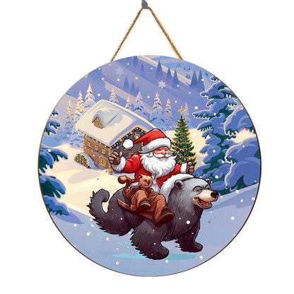 Teesdily | Customized Name Funny Santa Claus And Bear Round Wood Sign Merry Christmas Wood Door Hanger Noel Christmas Day Gifts