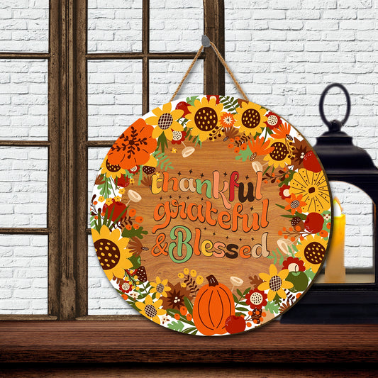 Teesdily | Thankful Grateful Blessed Pumpkin Sunflowers Fall Leaves Thanksgiving Wreath Wood Sign Autumn Gift Idea Dorm Welcome Sign