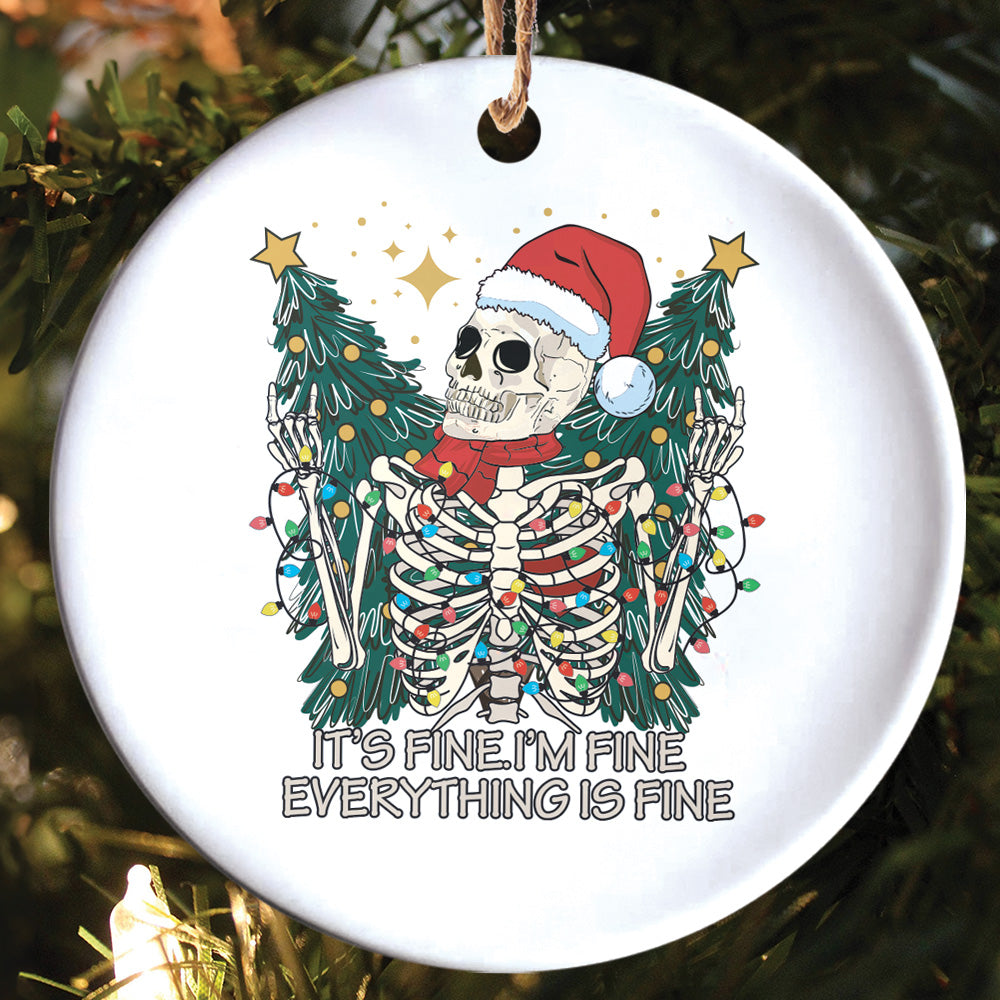 Teesdily | Santa Skeleton Christmas Light Ceramic Ornament, Merry Christmas Everything Is Fine Christmas Ornament, Xmas Gift