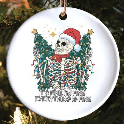 Teesdily | Santa Skeleton Christmas Light Ceramic Ornament, Merry Christmas Everything Is Fine Christmas Ornament, Xmas Gift