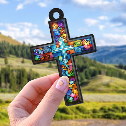 Teesdily | Customized Suncatcher Style, Jesus Cross Suncatcher Christmas Ornament, Xmas Home Decoration, Jesus Lovers Gift, God Faith Believers Gifts