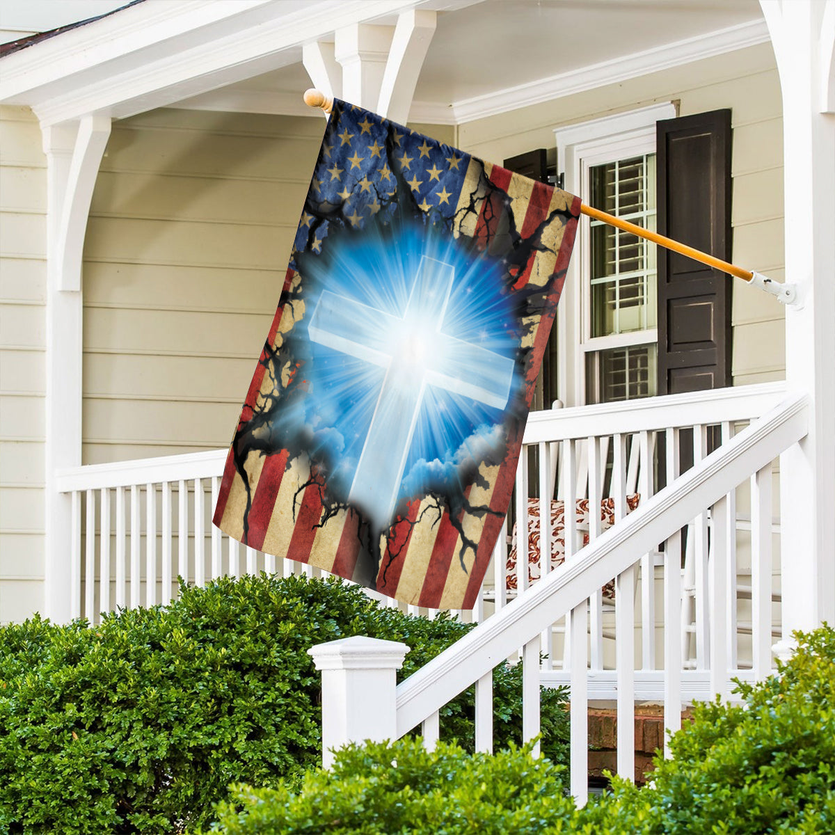 Teesdily | Jesus Cross Crack Hole House Flag, Jesus Christ Cross Garden Flag, Christian Home Garden Decor, Religious Outdoor Home Decor