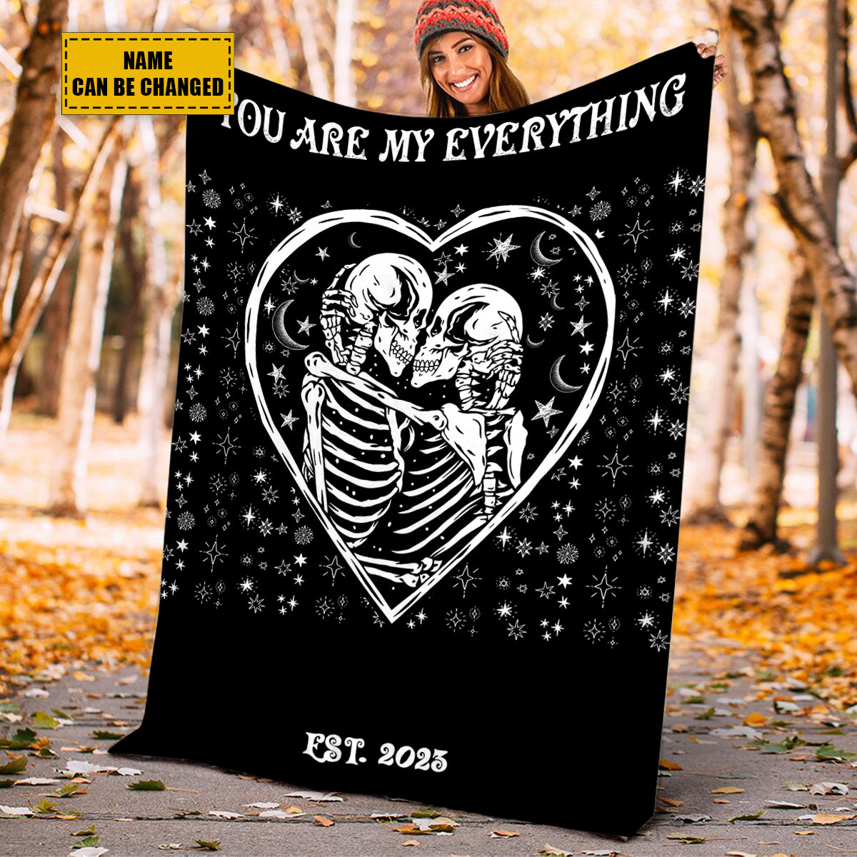 Teesdily | Personalized Skeleton Blanket Halloween Goth Wedding Fleece Blanket Funny Skeleton Couple Love Anniversary Sofa Blanket Custom Gifts