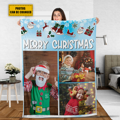 Teesdily | Merry Christmas Picture Blanket Personalized Photo Christmas Keepsake Custom Image Blanket Fleece Throws Gift For Kid Family Friends