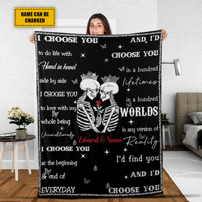 Teesdily | Customized Couple Halloween Goth Skull Throw Blanket Personalized Spooky Skeleton Together Forever Fleece Blanket Gothic Style Gifts