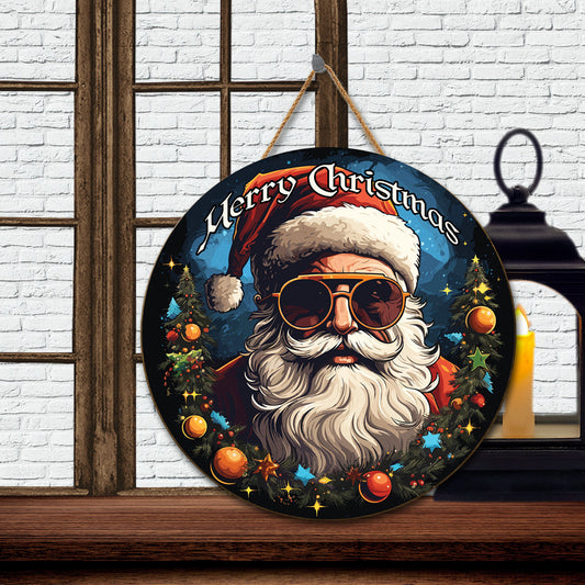 Teesdily | Cool Santa Claus Merry Christmas Retro Style Wood Sign God Father Santa Jingle Bell Winter Christmas Coming Front Door Sign