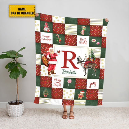 Teesdily | Custom Christmas Monogrammed Blanket Family Adults Kids Personalized Soft Cozy Sherpa Vintage Santa Name Blanket Xmas Holiday Blanket Gift