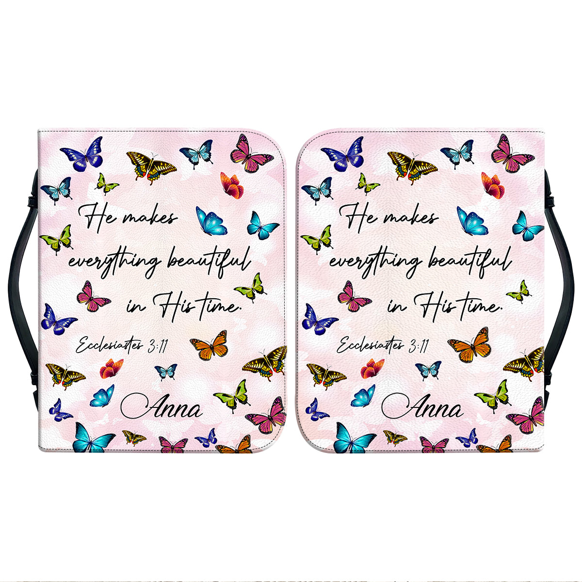 Teesdily | God Bible Verse Butterfly Leather Bible Cover He Makes Everything Beautiful In His Time Bible Book Cover Christian Gifts For Women Faith