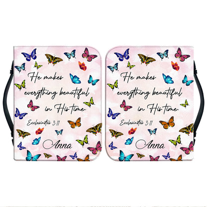 Teesdily | God Bible Verse Butterfly Leather Bible Cover He Makes Everything Beautiful In His Time Bible Book Cover Christian Gifts For Women Faith