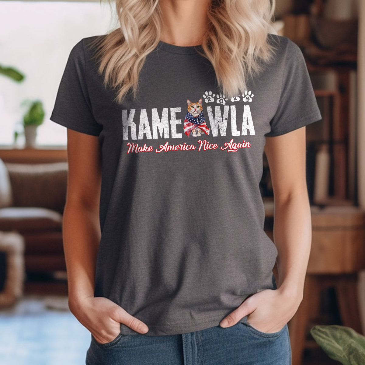 Teesdily | Kameowla Make American Nice Again Shirt, Childless Cat Lady Sweatshirt Hoodie Mug, Cat Mom T-shirt, American Flag Tee, Cat Lover Gift