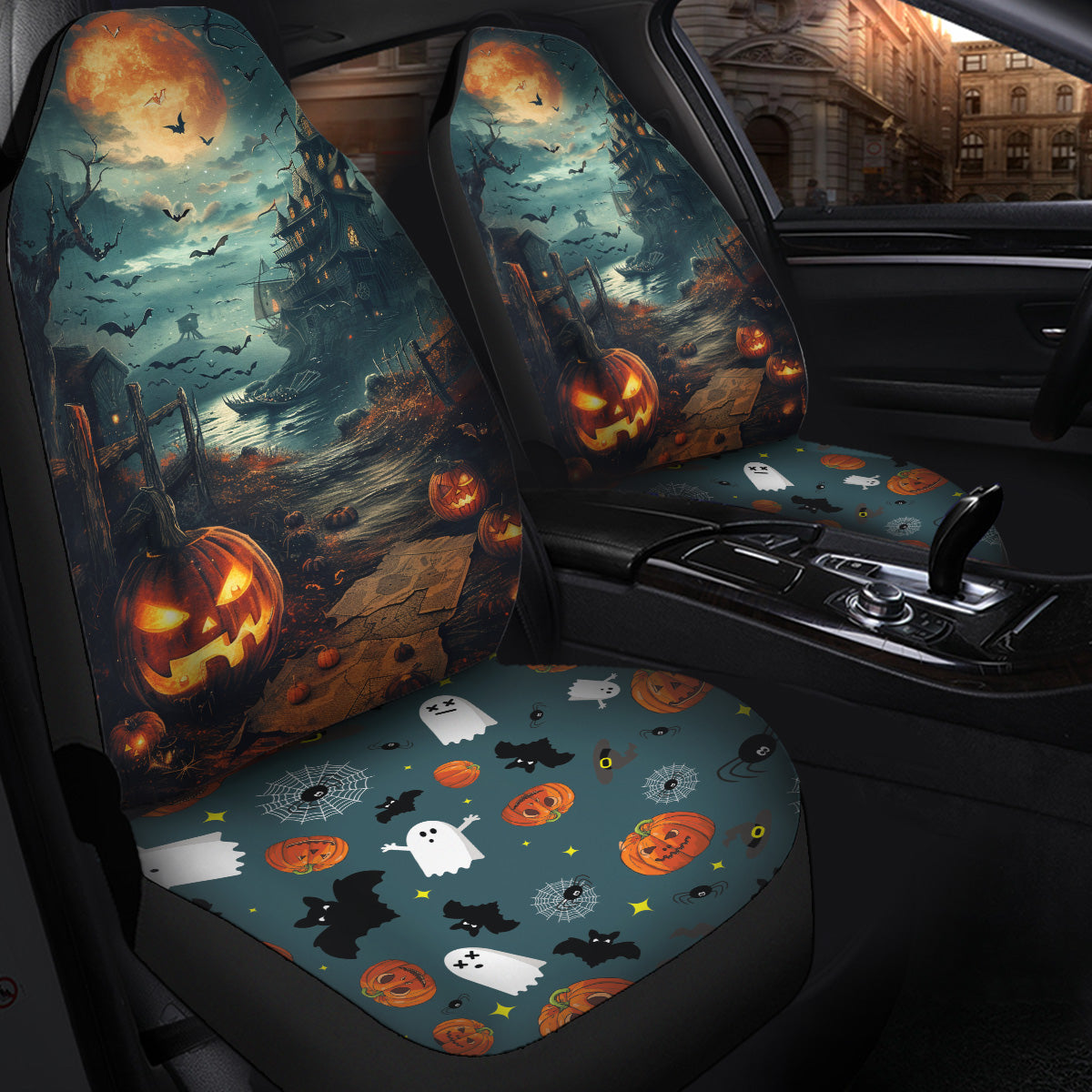 Teesdily | Halloween Hanted House Car Seat Covers, Pumpkin Halloween Ghost Bat Boo Front Seat Cover, Halloween Decor Protection Seats, Halloween Gift