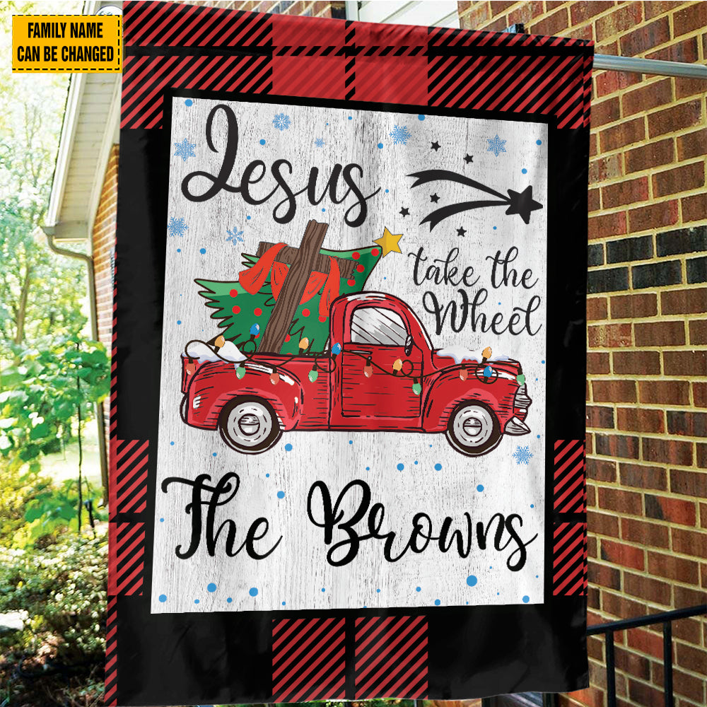 Teesdily | Customized Jesus Take The Wheel Christmas Garden Flag, Red Truck Car Christmas Tree House Flag, Christ Cross Home Flag