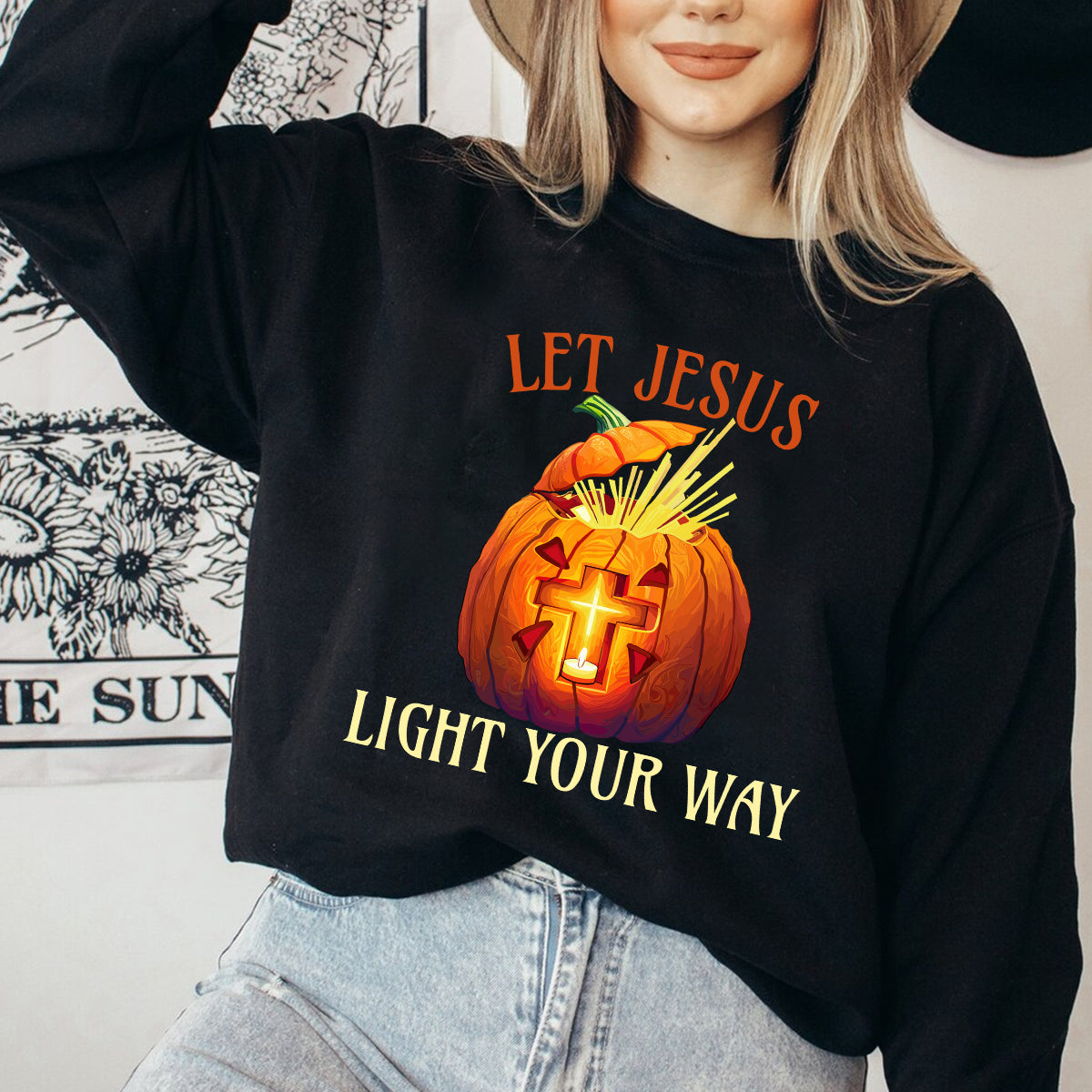 Teesdily | Jesus Pumpkin Cross Shirt, Let Jesus Light Your Way T-shirt, Jesus Light Pumpkin Sweatshirt Hoodie Mug, Happy Halloween Christian Gift