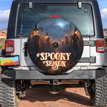 Teesdily | Halloween Spooky Season Car Spare Tire Cover, Scarecrow Pumpkin Corn Farming Car Wheel Cover, Car Decoration, Halloween Gifts