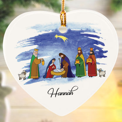 Teesdily | Customized Jesus Nativity Art Heart Ceramic Ornament, Nativity Scene Drawing Christmas Ornament, Jesus Lover Gifts