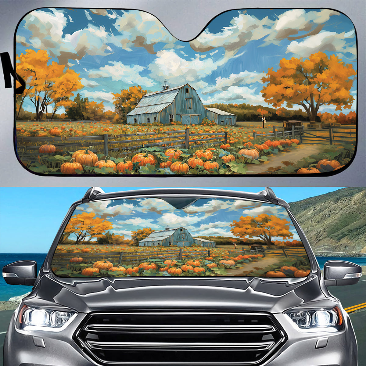 Teesdily | Jesus Cross Thanksgiving Car Auto Sun Shade, Farmhouse Pumpkin Foldable Car Sunshade, Autumn Fall Front Window Sun Visor, Harvest Day Gifts