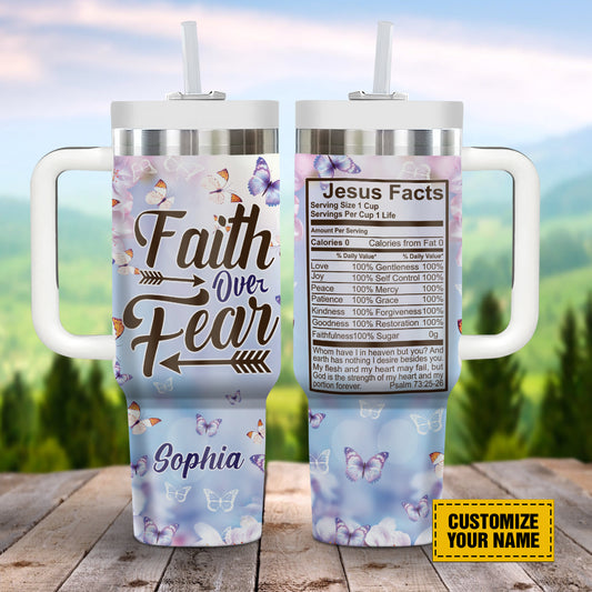 Teesdily | Customized Butterfly Insulated Tumbler, Faith Over Fear Jesus Facts 40oz Tumbler With Handle, God Faith Believers, God Inspirational Gifts