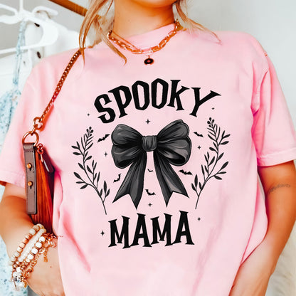 Teesdily | Retro Coquette Spooky Mama Bow Halloween Shirt, Back Bow Bat Flower Halloween Sweatshirt Hoodie Mug, Mama T-shirt, Halloween Gift