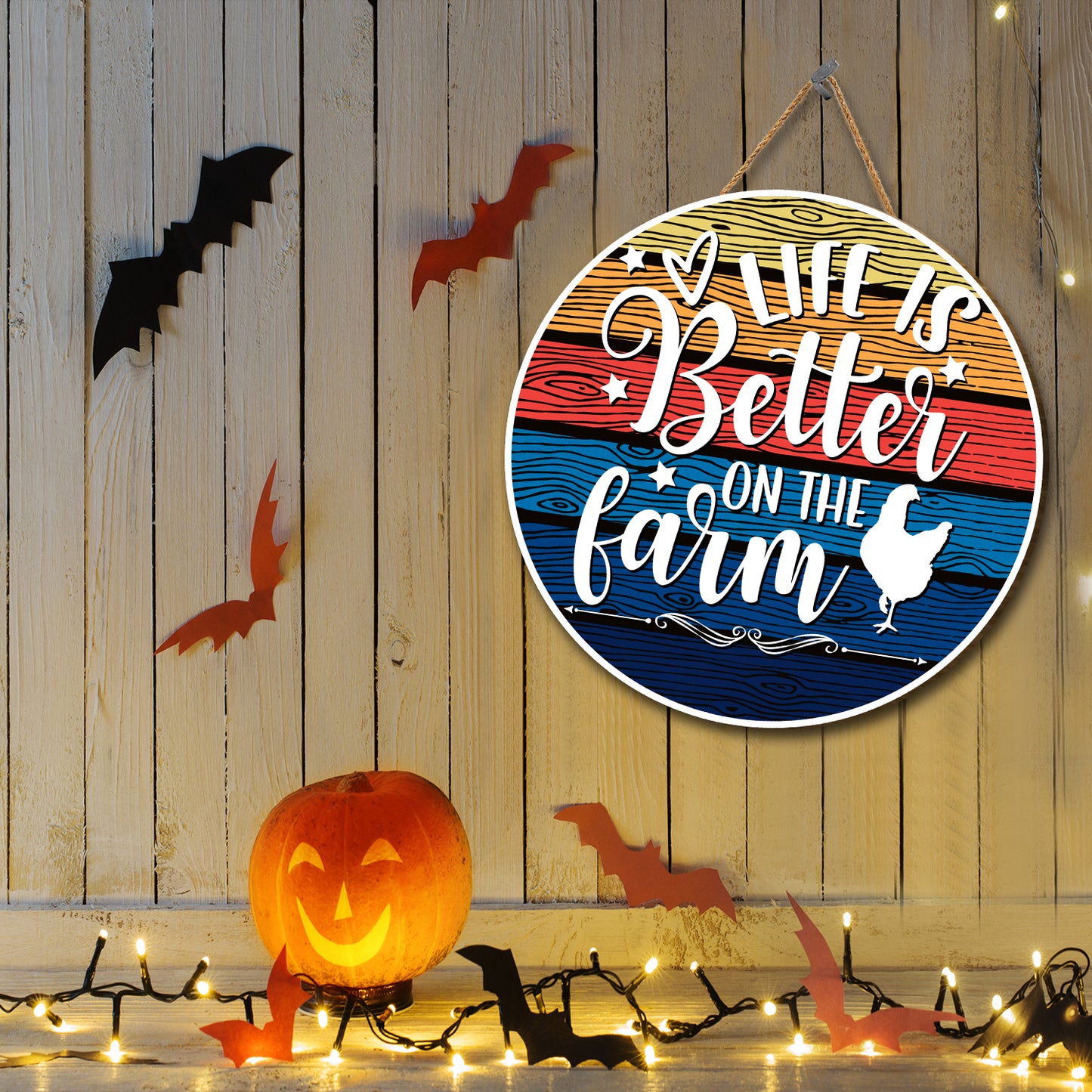 Teesdily | Thanksgiving Round Sign, Chicken Life Is Better On The Farm Sign, Chicken Farm Retro Wood Door Hanger, Farmer Farming Gifts, Farmhouse Sign