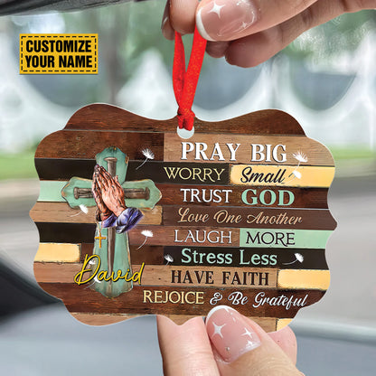 Teesdily | Customized Jesus Cross Hands Praying Ornament, Pray Big Worry Small Trust God Love One Another Ornaments Jesus Lovers Gifts, Christmas Decoration