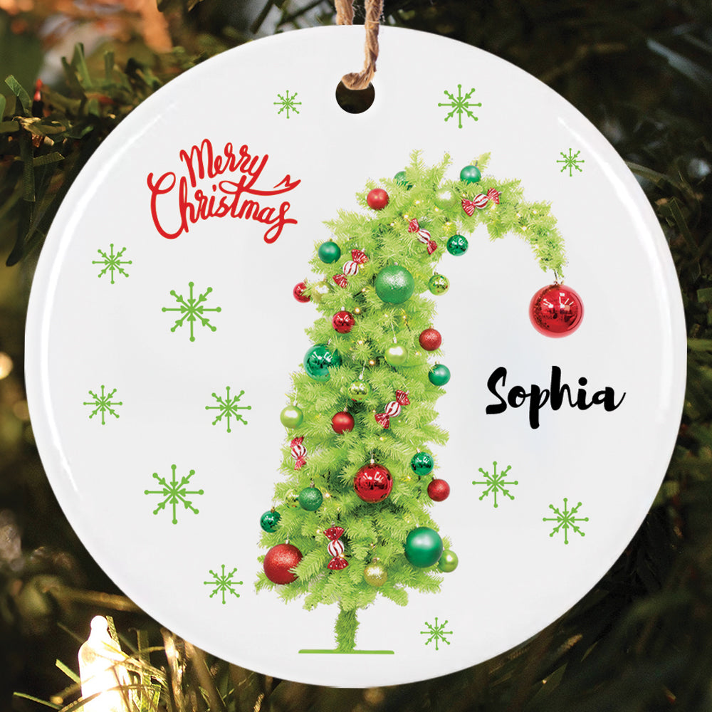 Teesdily | Customized Merry Christmas Ornament, Green Christmas Tree Ornament Decor, Ceramic Ornament Christmas Decoration Gift